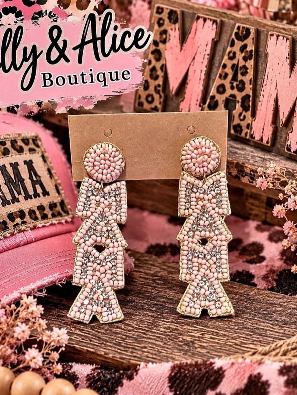 Kelly & Alice Boutique MAMA Beaded Earrings Pink & Gold